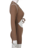 Brown Sexy Solid Bandage Hollowed Out Patchwork O Neck Regular Rompers