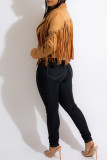 Black Fashion Casual Solid Tassel Patchwork Turndown Collar Outerwear