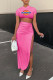 Pink Fashion Sexy Print Slit O Neck Short Sleeve Two Pieces