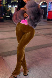 Coffee Fashion Casual Solid Slit Skinny Mid Waist Pencil Solid Color Bottoms