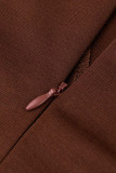 Coffee Sexy Solid Hollowed Out Patchwork Frenulum Asymmetrical O Neck One Step Skirt Dresses