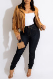 Black Fashion Casual Solid Tassel Patchwork Turndown Collar Outerwear