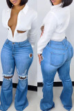 White Fashion Sexy Solid Hollowed Out Turndown Collar Skinny Romper