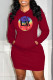Burgundy Fashion Casual Print Patchwork Hooded Collar One Step Skirt Dresses