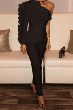 Black Fashion Casual Solid Patchwork Stringy Selvedge Oblique Collar Long Sleeve Two Pieces