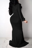 Black Sexy Solid Split Joint Fold V Neck Trumpet Mermaid Dresses