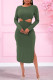 Green Fashion Sexy Solid Hollowed Out Backless Slit O Neck Long Sleeve Dresses