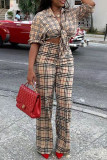 Khaki Casual Plaid Print Patchwork Buckle Turndown Collar Long Sleeve Two Pieces