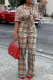 Khaki Casual Plaid Print Patchwork Buckle Turndown Collar Long Sleeve Two Pieces