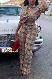 Khaki Casual Plaid Print Patchwork Buckle Turndown Collar Long Sleeve Two Pieces