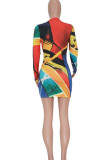 Red Sexy Print Patchwork O Neck One Step Skirt Dresses