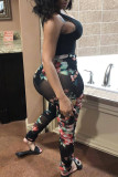 Black Sexy Print Patchwork See-through Fold U Neck Regular Jumpsuits