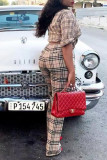 Khaki Casual Plaid Print Patchwork Buckle Turndown Collar Long Sleeve Two Pieces