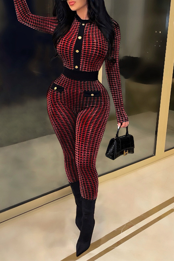 Red Sexy Print Buckle O Neck Skinny Jumpsuits