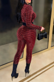 Red Sexy Print Buckle O Neck Skinny Jumpsuits