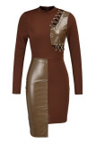 Coffee Sexy Solid Hollowed Out Patchwork Frenulum Asymmetrical O Neck One Step Skirt Dresses