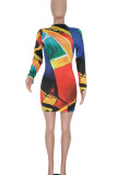 Red Sexy Print Patchwork O Neck One Step Skirt Dresses