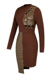 Coffee Sexy Solid Hollowed Out Patchwork Frenulum Asymmetrical O Neck One Step Skirt Dresses