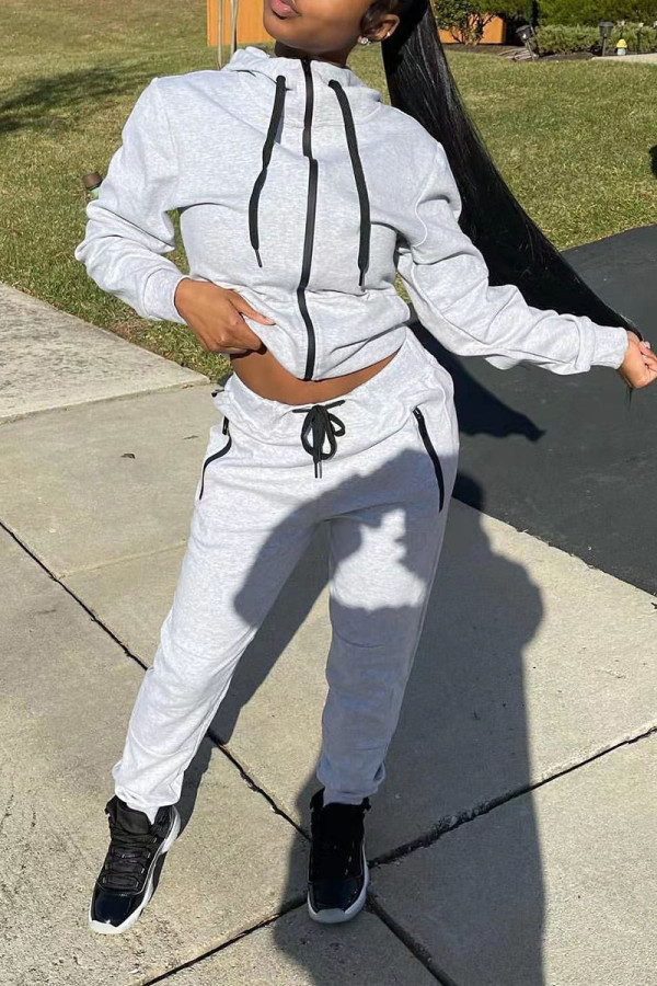 Grey Casual Solid Patchwork Zipper Hooded Collar Long Sleeve Two Pieces