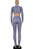 Blue Sexy Striped Print Hollowed Out Patchwork Frenulum O Neck Long Sleeve Two Pieces