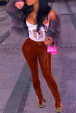 Coffee Fashion Casual Solid Slit Skinny Mid Waist Pencil Solid Color Bottoms
