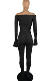 Grey Sexy Solid Bandage Patchwork Fold Off the Shoulder Regular Jumpsuits