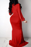 Red Sexy Solid Split Joint Fold V Neck Trumpet Mermaid Dresses