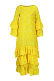 Yellow Fashion Casual Print Patchwork O Neck Long Sleeve Dresses