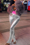 Coffee Fashion Casual Solid Slit Skinny Mid Waist Pencil Solid Color Bottoms