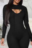 Black Sexy Print Split Joint Hooded Collar Long Sleeve Two Pieces