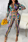 Multicolor Fashion Sexy Print Split Joint Buckle Turndown Collar Long Sleeve Two Pieces