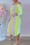 Pink Green Fashion Casual Striped Print Off the Shoulder Long Dress