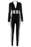 Black Sexy Solid Mesh V Neck Long Sleeve Two Pieces