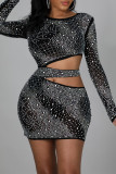 Black Fashion Sexy Patchwork Hot Drilling Hollowed Out See-through O Neck Long Sleeve Dresses