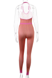 Pink Sexy Print Patchwork V Neck Skinny Jumpsuits