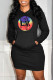 Black Fashion Casual Print Patchwork Hooded Collar One Step Skirt Dresses