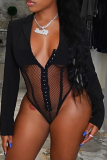 Black Sexy Solid Mesh V Neck Long Sleeve Two Pieces