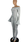 Grey Sexy Solid Bandage Patchwork Fold Off the Shoulder Regular Jumpsuits