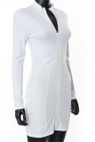 White Fashion Sexy Solid Patchwork Zipper Collar Long Sleeve Dresses