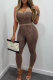 Brown Sexy Print Patchwork V Neck Skinny Jumpsuits