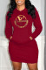 Burgundy Fashion Casual Print Patchwork Hooded Collar One Step Skirt Dresses