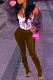 Coffee Fashion Casual Solid Slit Skinny Mid Waist Pencil Solid Color Bottoms