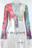 Blue Sexy Print Patchwork V Neck Long Sleeve Two Pieces
