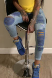 Dark Blue Fashion Casual Stitching Ripped Jeans