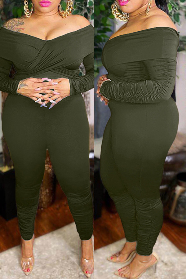 Army Green Fashion Casual Solid Patchwork V Neck Plus Size Jumpsuits