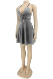 Silver Fashion Sexy Solid Bandage Backless V Neck Sling Dress