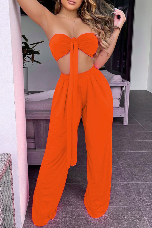 Orange Fashion Sexy Solid Bandage Backless Strapless Sleeveless Two Pieces