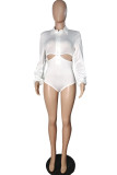 White Fashion Sexy Solid Hollowed Out Turndown Collar Skinny Romper