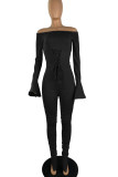Grey Sexy Solid Bandage Patchwork Fold Off the Shoulder Regular Jumpsuits