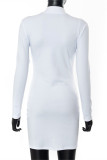 White Fashion Sexy Solid Patchwork Zipper Collar Long Sleeve Dresses
